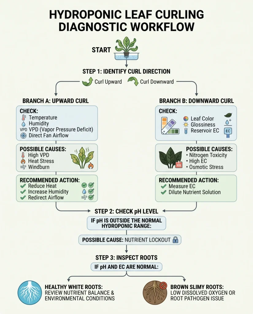 Diagnostic flowchart for identifying environmental nutrient pH and root causes of hydroponic leaf curling