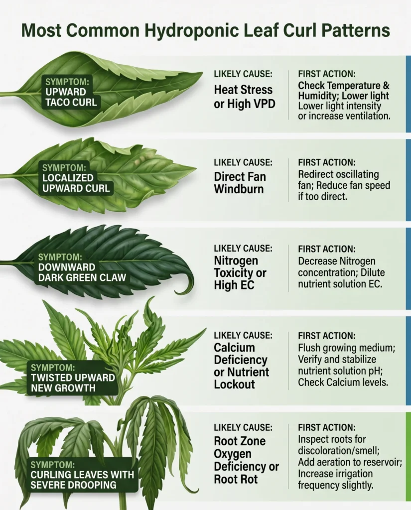 Visual guide showing hydroponic leaf curl symptoms with their likely causes and immediate fixes