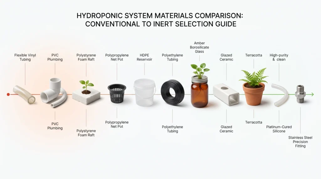 Comparison infographic showing common hydroponic materials including PVC, polystyrene, polypropylene, polyethylene, glass, ceramic and silicone