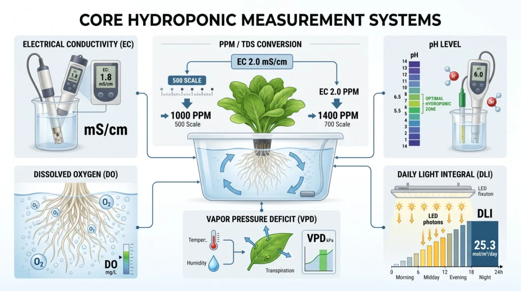 Scientific hydroponic measurement infographic comparing EC, PPM scales, pH, dissolved oxygen, VPD and daily light integral.