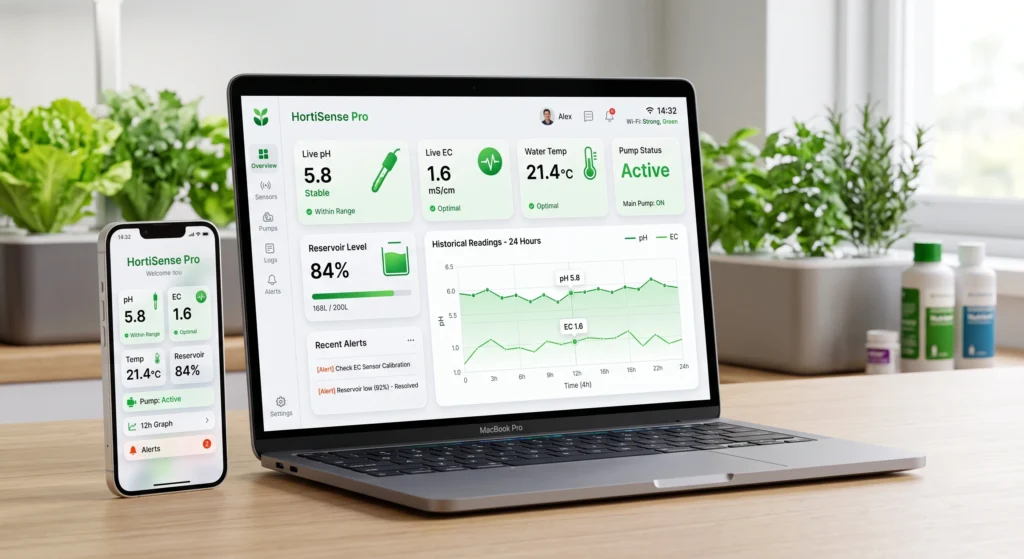 Modern dashboard displaying pH, EC, water temperature, dosing history, and alerts.