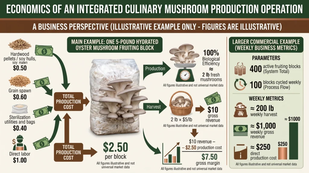 Hydroponic Culinary Mushrooms: Liquid Culture & Substrate Integration 15 Oyster mushroom production economics showing substrate costs, yield, revenue and gross margin