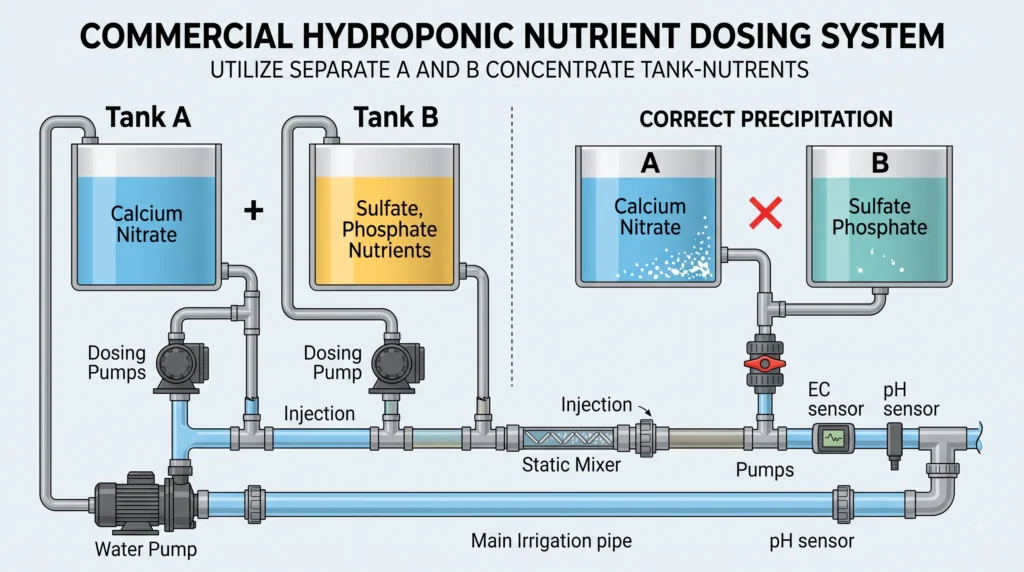 Hydroponic nutrient A and B stock tanks separating calcium nitrate sulfates and phosphates