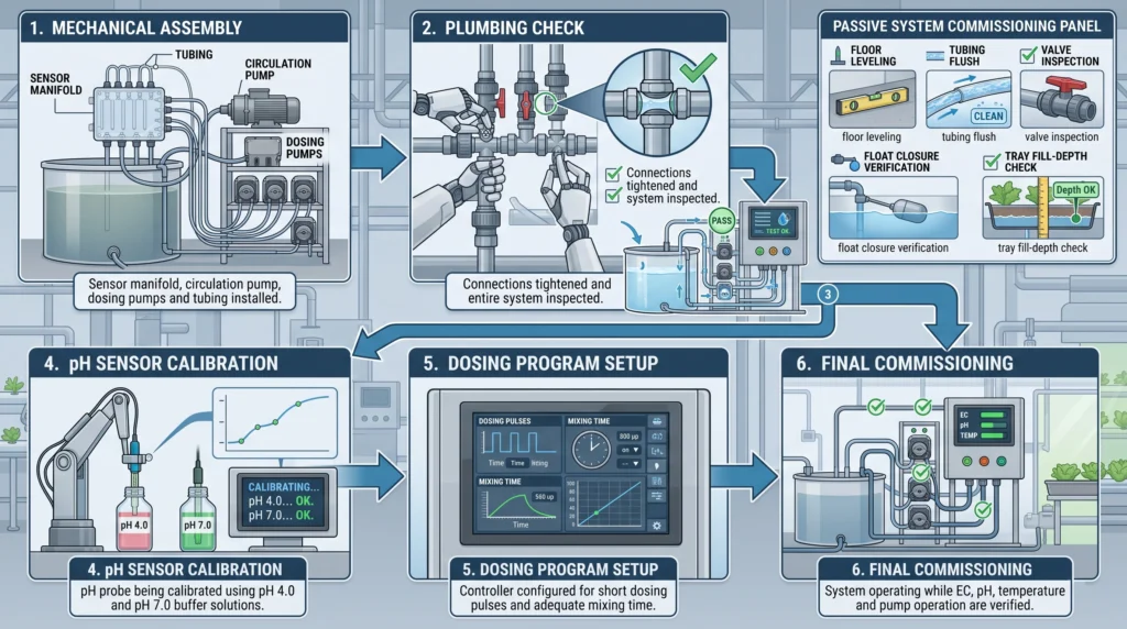 Hydroponic dosing system installation showing sensor calibration, leak testing and commissioning