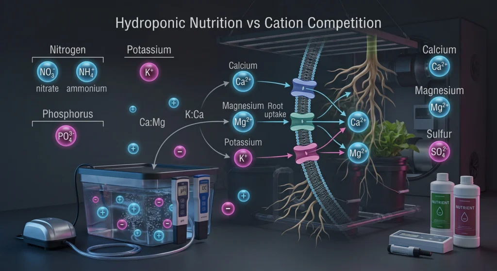 No-BS Hydroponic Gear Guide: What Actually Works for Tomatoes, Peppers, and Greens 10 Hydroponic nutrient formulation showing NPK calcium magnesium potassium and cation competition