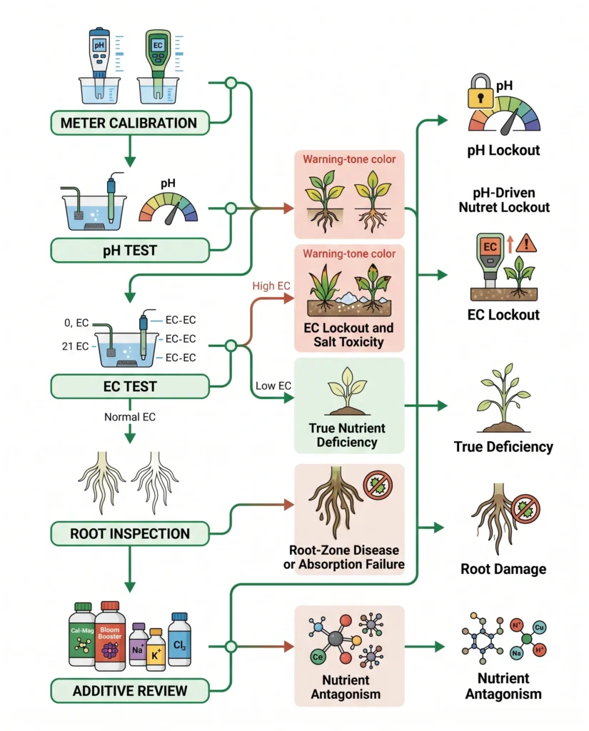Nutrient Lockout vs Deficiency in Hydroponics: Diagnosis and Recovery Protocol 6 Step-by-step hydroponic diagnostic flowchart using meter calibration pH EC root health and nutrient history to identify lockout or deficiency