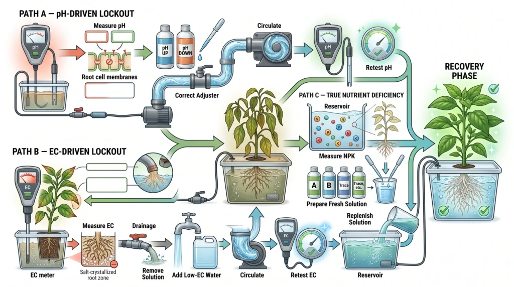 Nutrient Lockout vs Deficiency in Hydroponics: Diagnosis and Recovery Protocol 7 Three-path hydroponic recovery diagram for pH lockout high EC salt toxicity and true nutrient deficiency