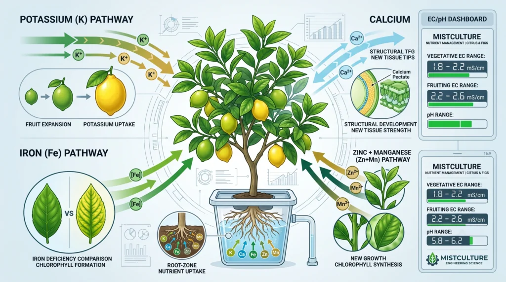 Hydroponic Dwarf Fruit Trees: Engineering DWC Systems for Citrus and Figs 6 Hydroponic nutrient management diagram showing EC, pH, potassium, calcium and micronutrient requirements for fruit trees