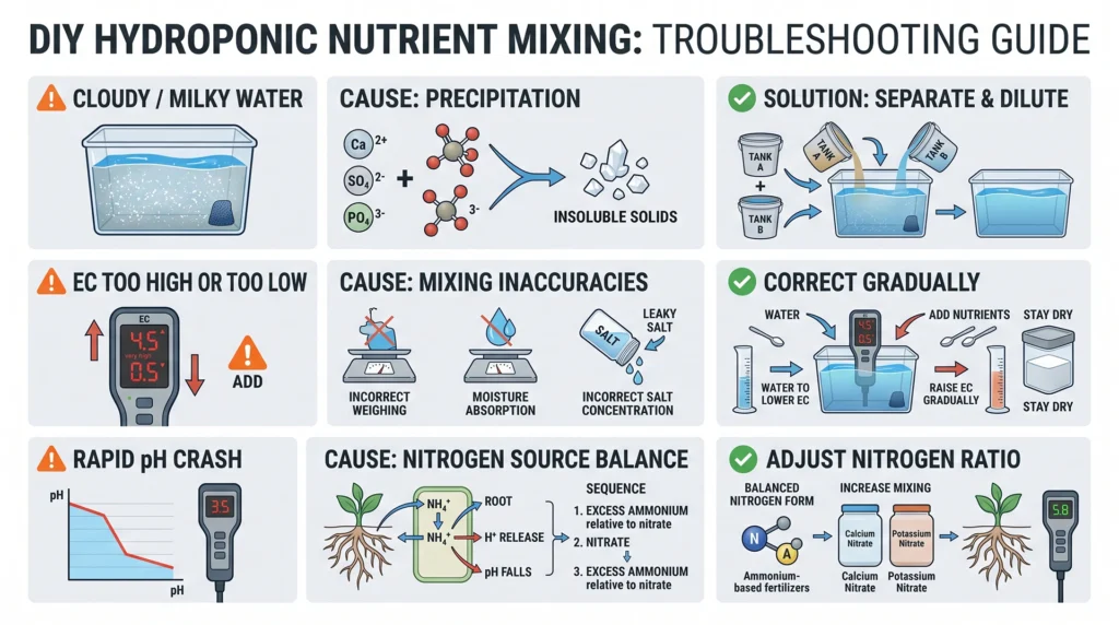 Scientific troubleshooting infographic showing cloudy precipitation, incorrect EC, and rapid pH changes in custom nutrient solutions