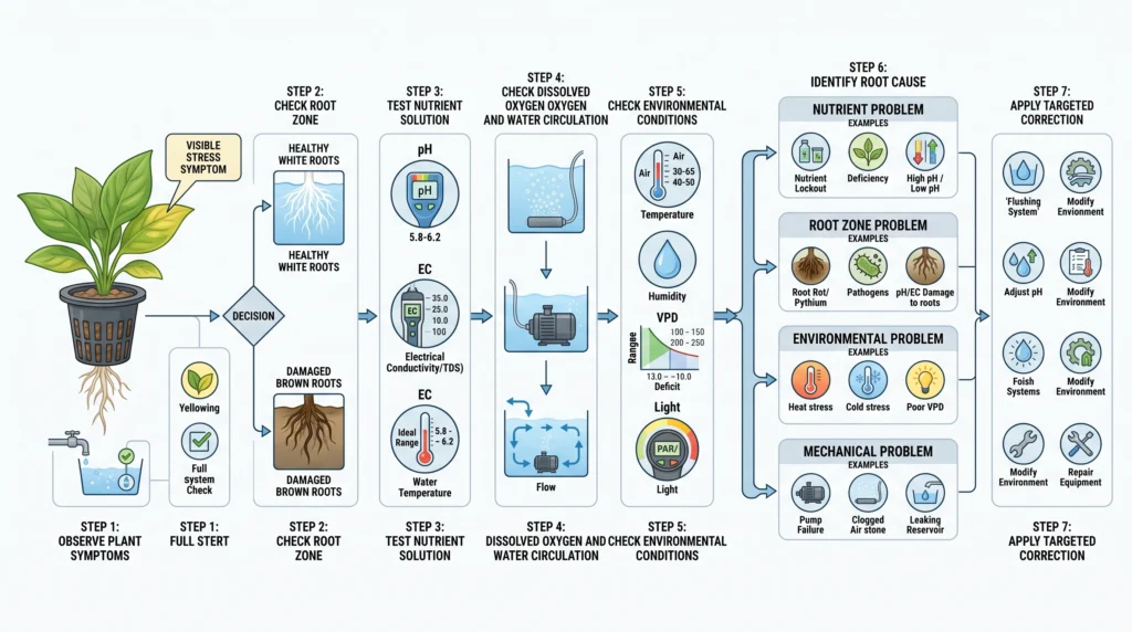 Step-by-step hydroponic troubleshooting workflow showing plant symptoms, water testing, root inspection and environmental diagnosis.