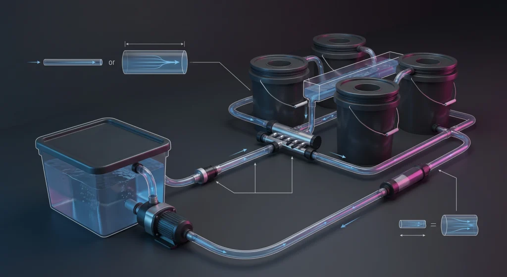 No-BS Hydroponic Gear Guide: What Actually Works for Tomatoes, Peppers, and Greens 3 Closed-loop hydroponic plumbing system showing pump manifold filter check valve and reservoir return