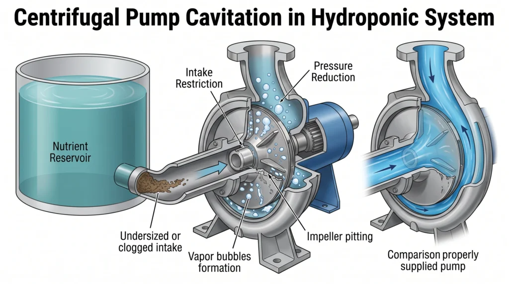 Hydroponic pump cavitation diagram showing restricted intake vapor bubbles and impeller damage