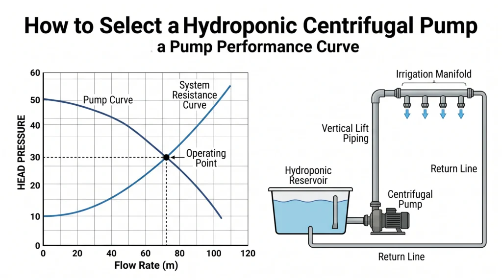 Hydroponic pump curve showing flow rate head pressure and system operating point
