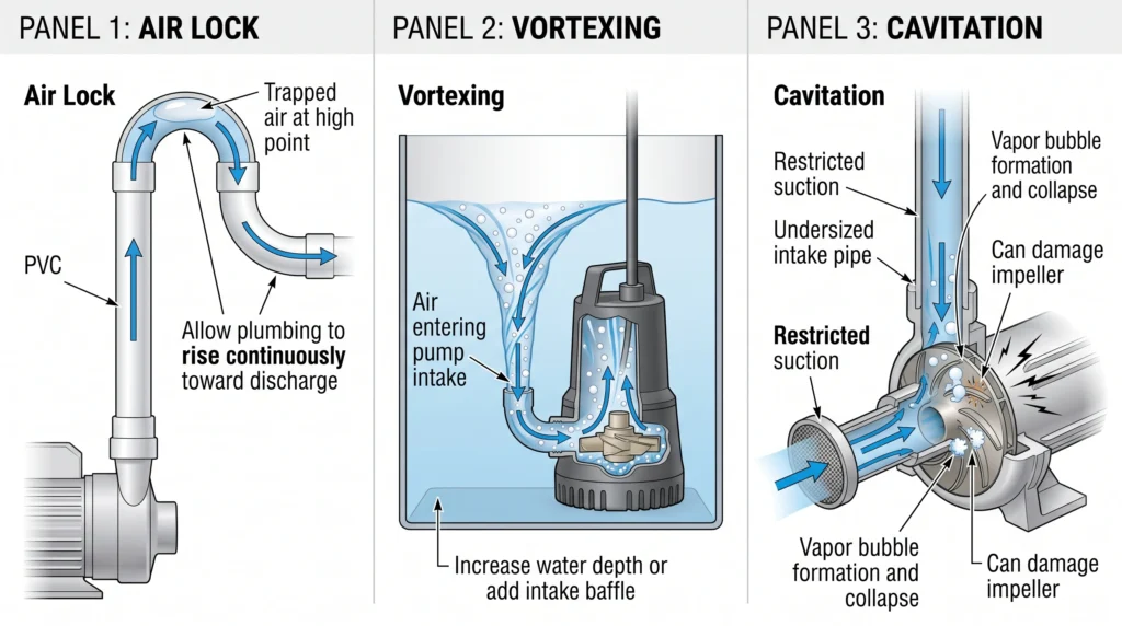 Hydroponic Pump Sizing: Calculating True GPH and Head Loss 13 Hydroponic pump troubleshooting diagram showing air lock, vortexing and cavitation