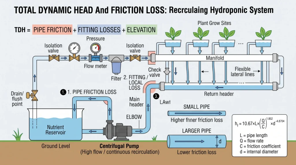 Hydroponic pump head calculation showing pipe friction, fittings and elevation losses