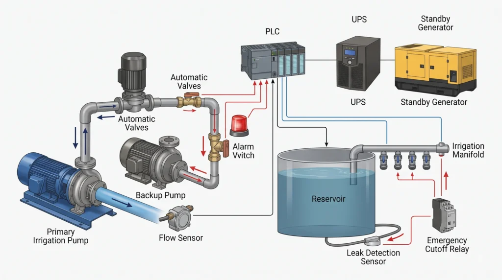 Hydroponic pump redundancy system with backup pump flow sensor UPS generator and leak detection