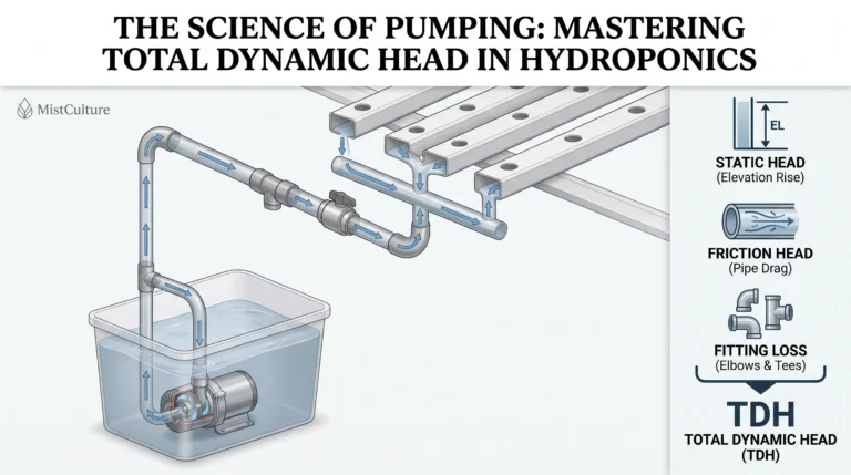 Hydroponic pump sizing diagram showing TDH, vertical head, pipe friction and actual GPH flow