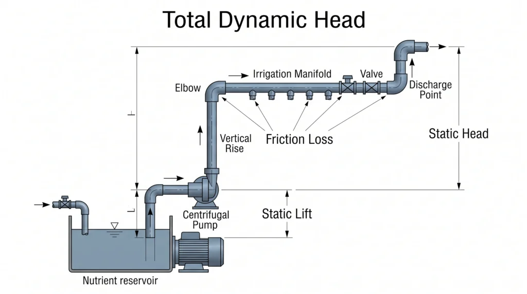 Hydroponic pump TDH diagram showing static lift static head and pipe friction loss
