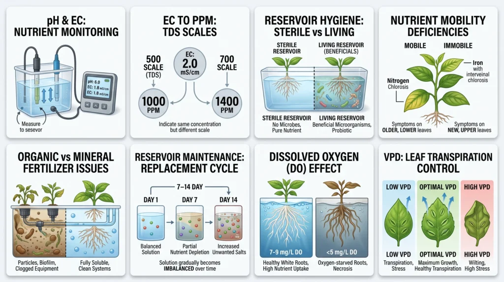 Hydroponic quick reference infographic explaining pH, EC, sterile reservoirs, nutrient mobility, dissolved oxygen and VPD.