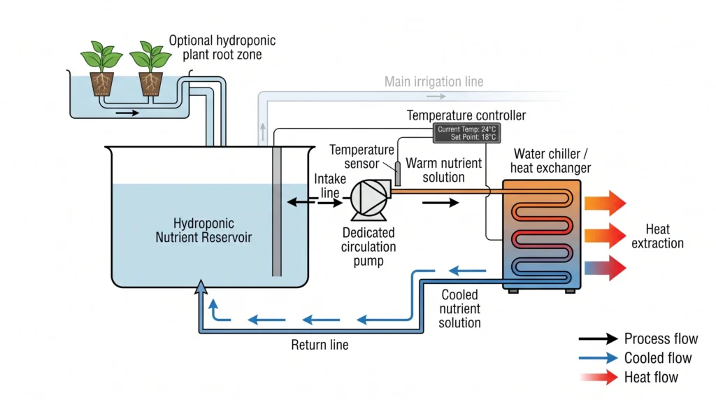 Hydroponic water chiller system showing reservoir, pump, chiller loop and cooled nutrient solution