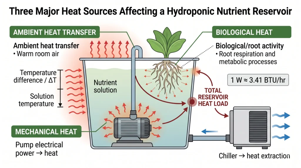 Diagram showing ambient heat, pump heat and biological heat entering a hydroponic reservoir