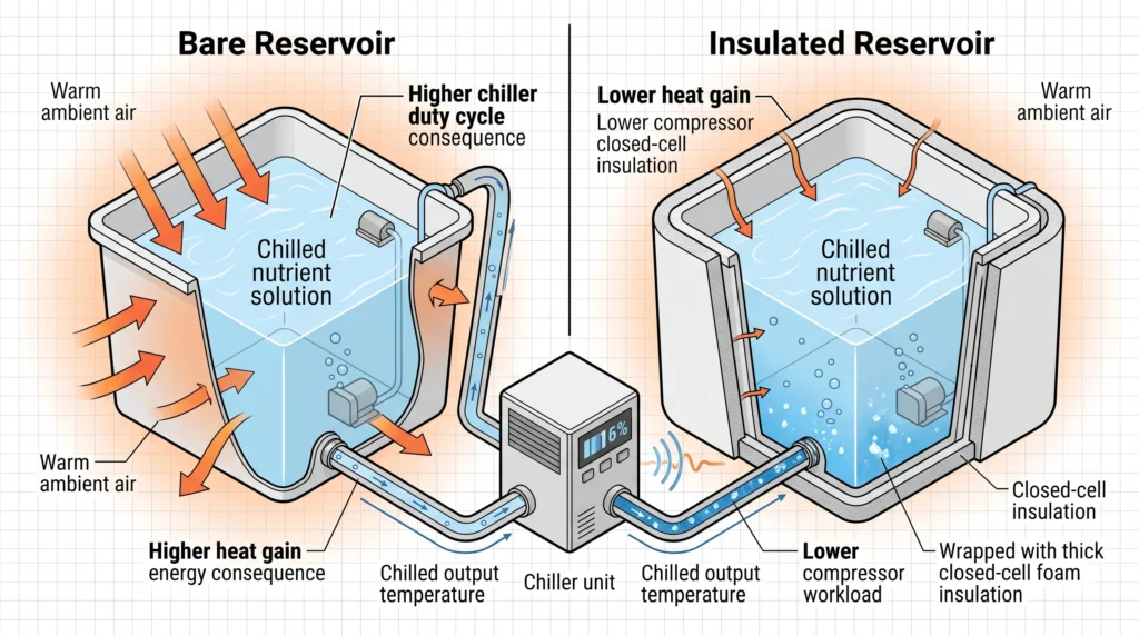 Insulated hydroponic reservoir reducing ambient heat gain and chiller compressor workload
