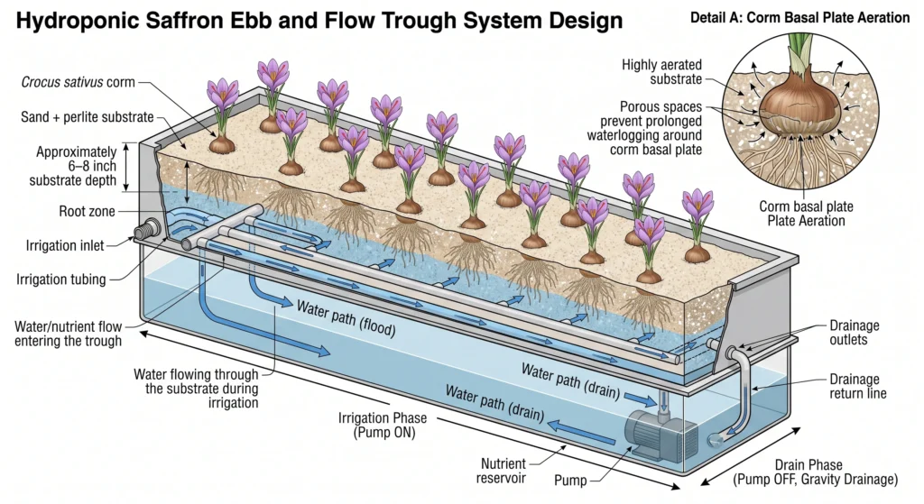 Advanced Hydroponic Saffron Cultivation: Systems, Corms, and Nutrients 9 Hydroponic saffron ebb and flow trough showing sand perlite substrate, drainage, irrigation lines, and corm spacing