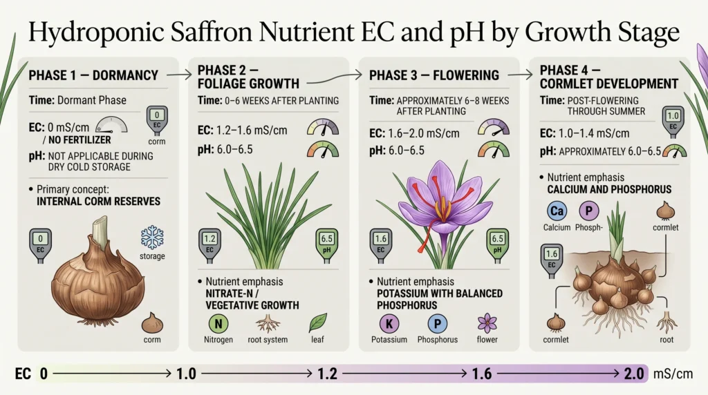 Advanced Hydroponic Saffron Cultivation: Systems, Corms, and Nutrients 7 Hydroponic saffron nutrient chart showing EC, pH, and nutrient priorities across dormancy, foliage, flowering, and cormlet development