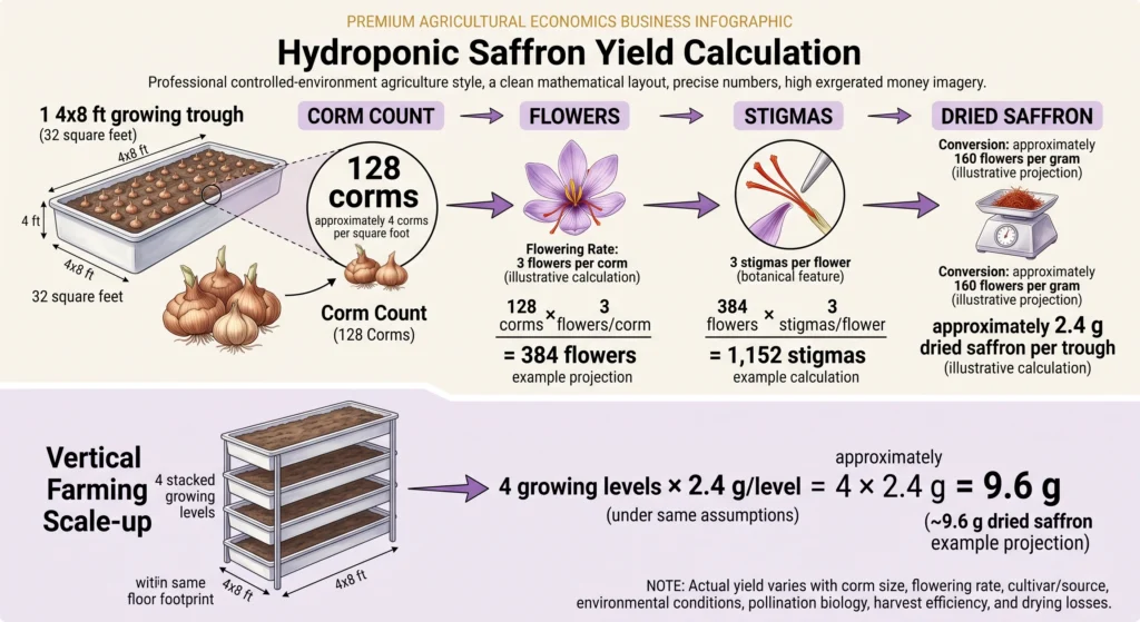 Advanced Hydroponic Saffron Cultivation: Systems, Corms, and Nutrients 13 Hydroponic saffron yield calculation showing corm density, flower production, stigma yield, and vertical rack scaling