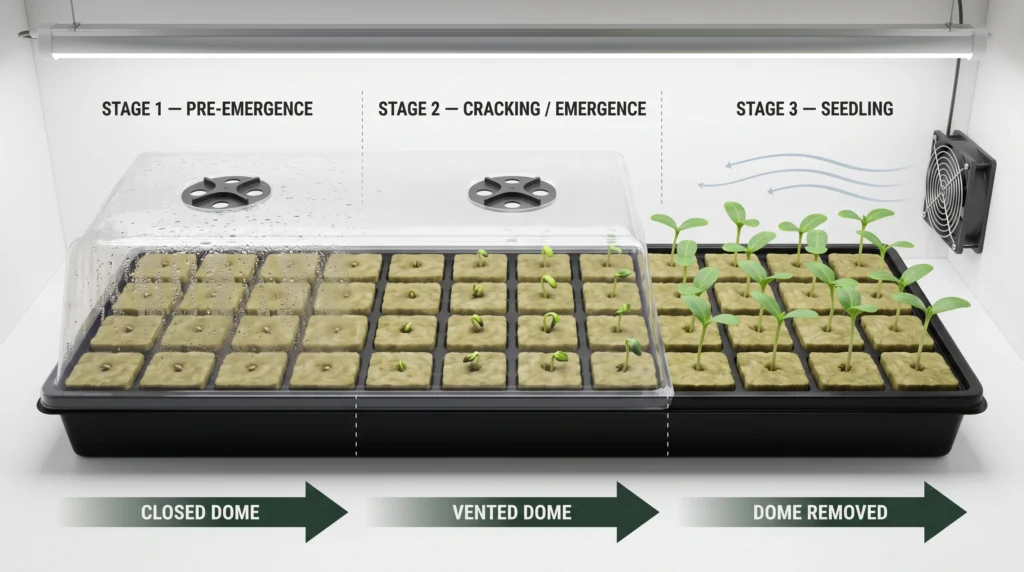 Seed Starting for Hydroponics: Germination Media, Domes, and Seedling Care 5 Hydroponic seedling humidity dome showing germination and emergence stages