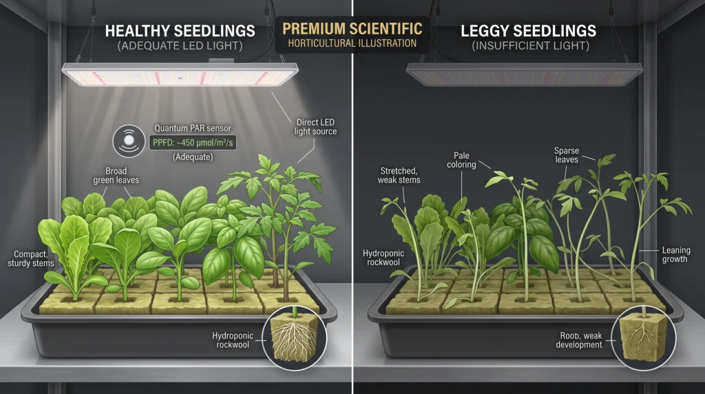 Seed Starting for Hydroponics: Germination Media, Domes, and Seedling Care 6 LED grow light positioned over hydroponic seedlings to prevent leggy growth