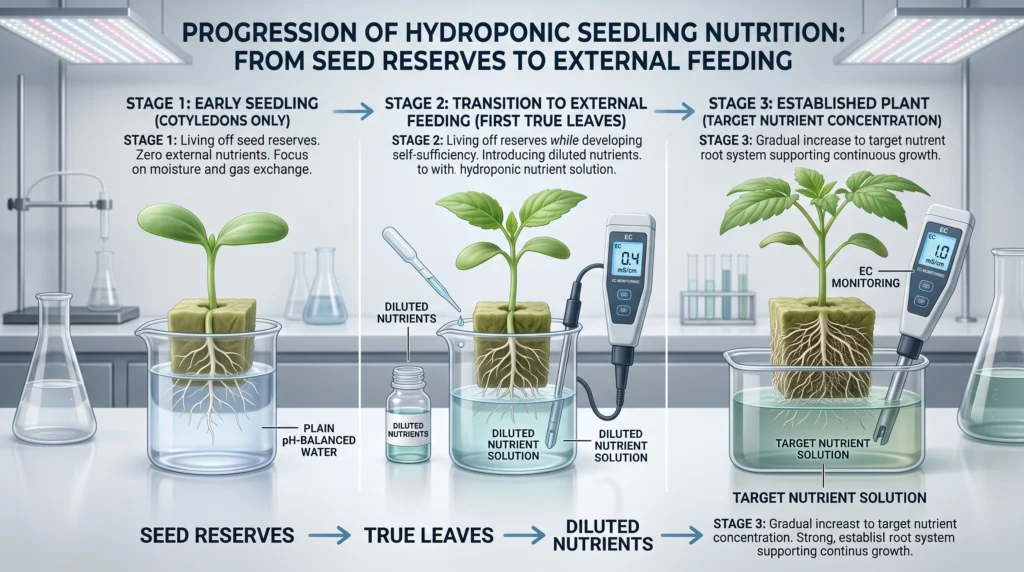 Seed Starting for Hydroponics: Germination Media, Domes, and Seedling Care 8 Hydroponic seedling nutrition progression from cotyledons to true leaves and increasing EC