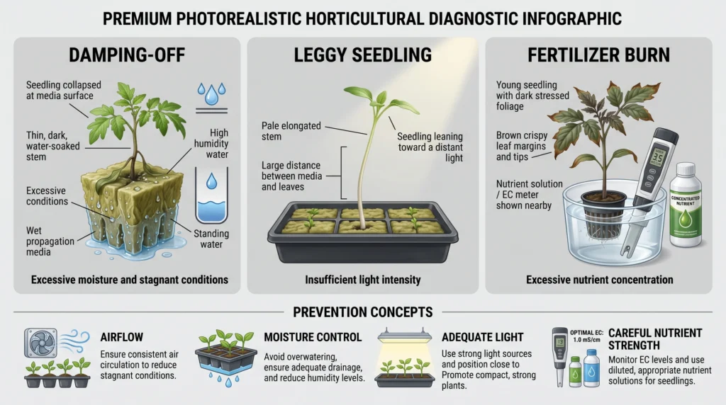 Seed Starting for Hydroponics: Germination Media, Domes, and Seedling Care 10 Hydroponic seedling problems including damping-off leggy growth and fertilizer burn