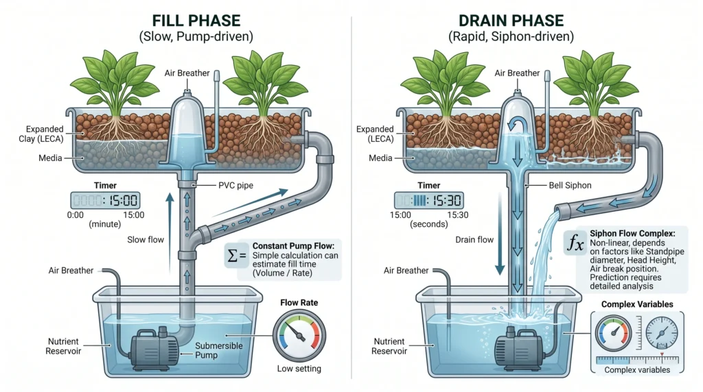 Siphon Drain Systems: Bell Siphon vs Auto-Siphon in Ebb and Flow Hydroponics 13 Diagram comparing slow pump-driven fill time with rapid siphon-driven drain time in an ebb and flow system
