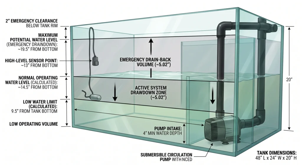 Optical Water Level Sensors vs Float Switches: Engineering Sump Tank Automation 4 Hydroponic sump tank showing low and high water level sensor placement