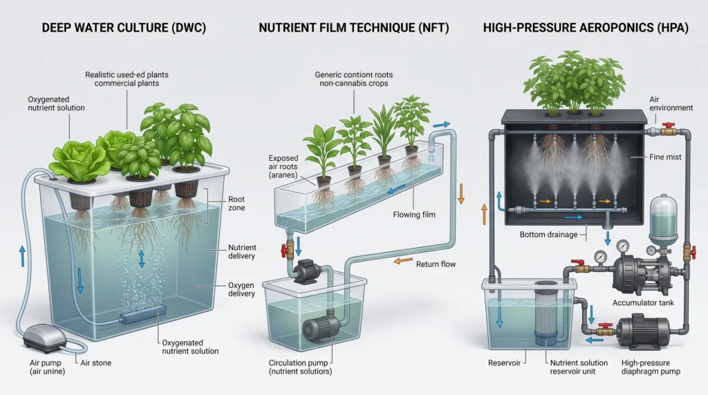Complete hydroponic architecture comparison showing DWC NFT and aeroponic nutrient delivery systems