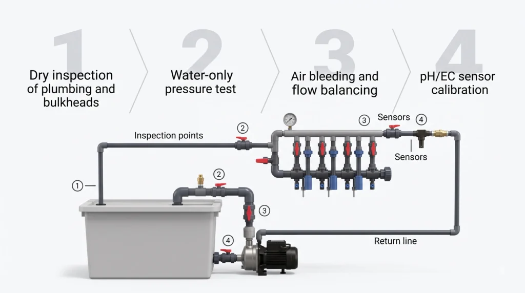 Hydroponic system commissioning showing water-only testing sensor calibration and leak inspection