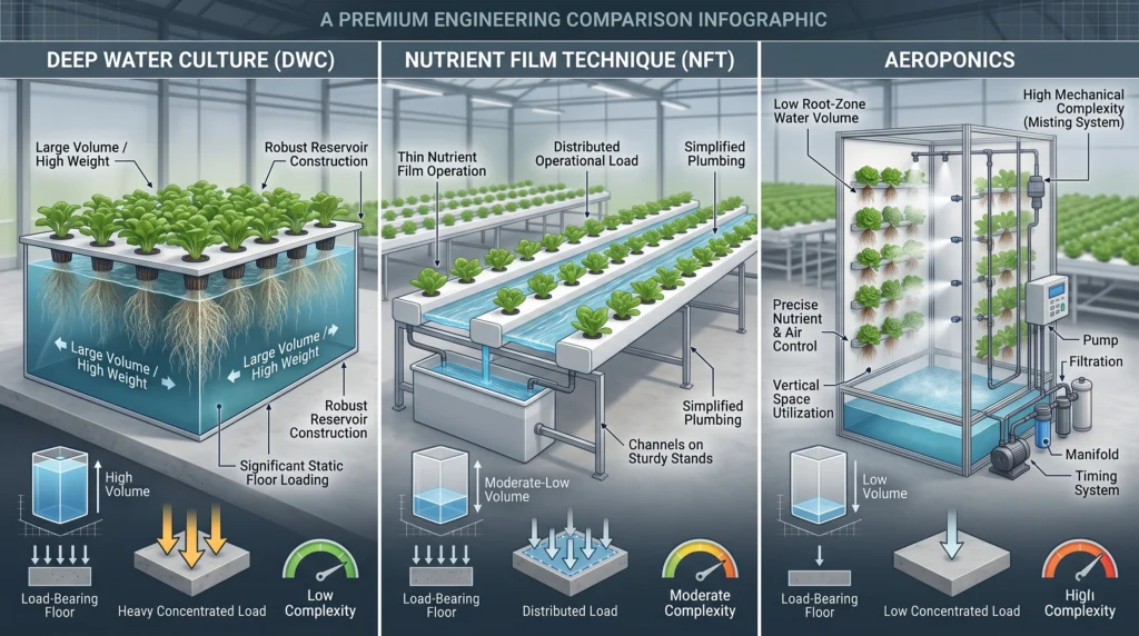 DWC NFT and aeroponics comparison of water volume weight and space requirements
