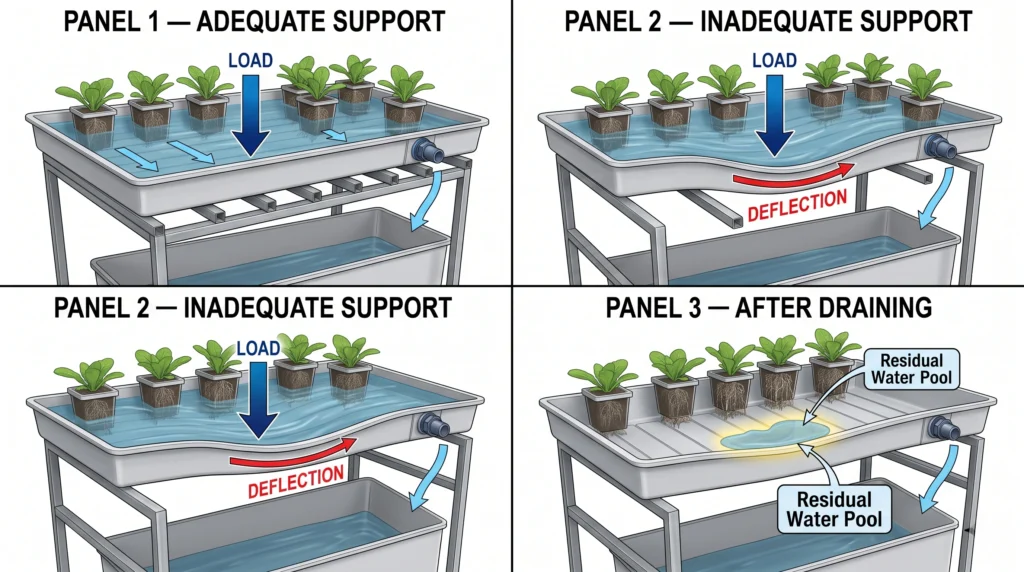Commercial Grade Hydroponic Trays: Engineering Breakdown of Botanicare, FastFit, and Active Aqua 13 Hydroponic tray bowing between supports causing low-point water pooling after the drain cycle