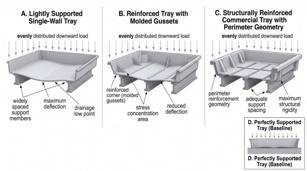 Commercial Grade Hydroponic Trays: Engineering Breakdown of Botanicare, FastFit, and Active Aqua 2 Hydroponic tray cross-section showing wall thickness, reinforcement, support spacing, and plastic deflection under load