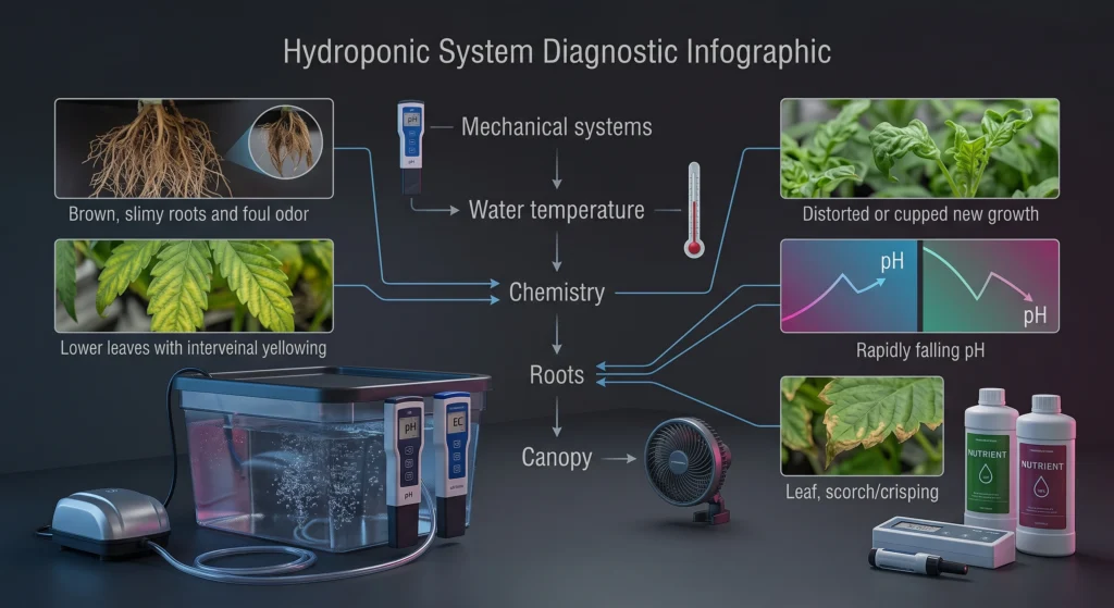 No-BS Hydroponic Gear Guide: What Actually Works for Tomatoes, Peppers, and Greens 13 Hydroponic troubleshooting workflow for roots leaves pH EC water temperature and airflow problems