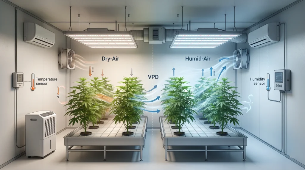 Hydroponic VPD environmental control showing temperature humidity airflow and transpiration