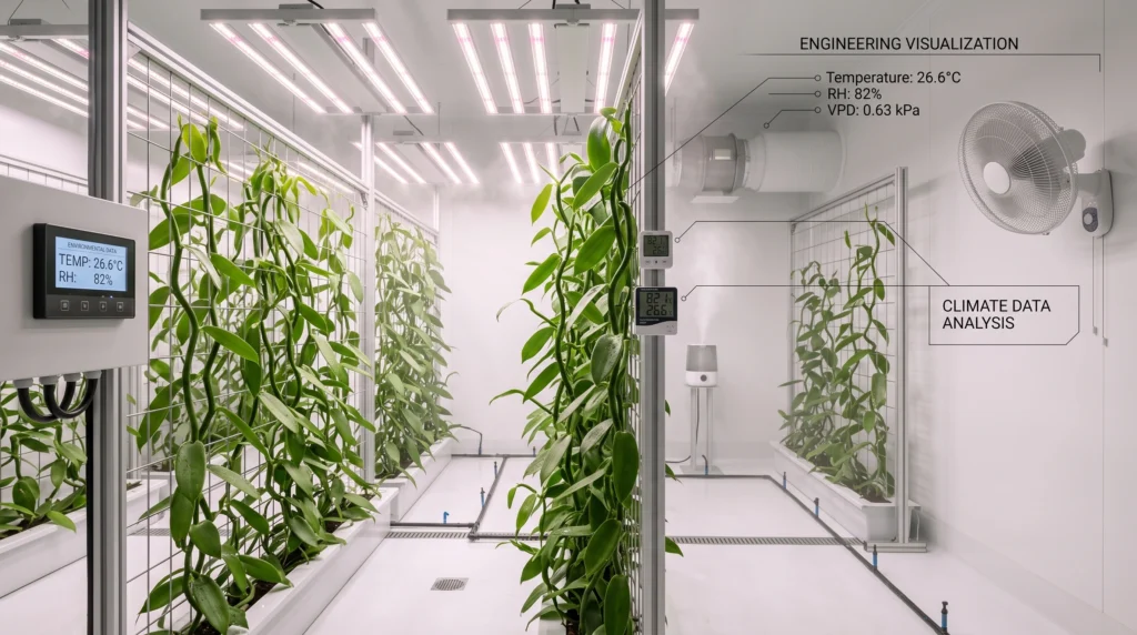 Hydroponic Vanilla Orchids: Vertical Trellising & Hand Pollination 2 Indoor hydroponic vanilla orchid climate control with temperature humidity and VPD
