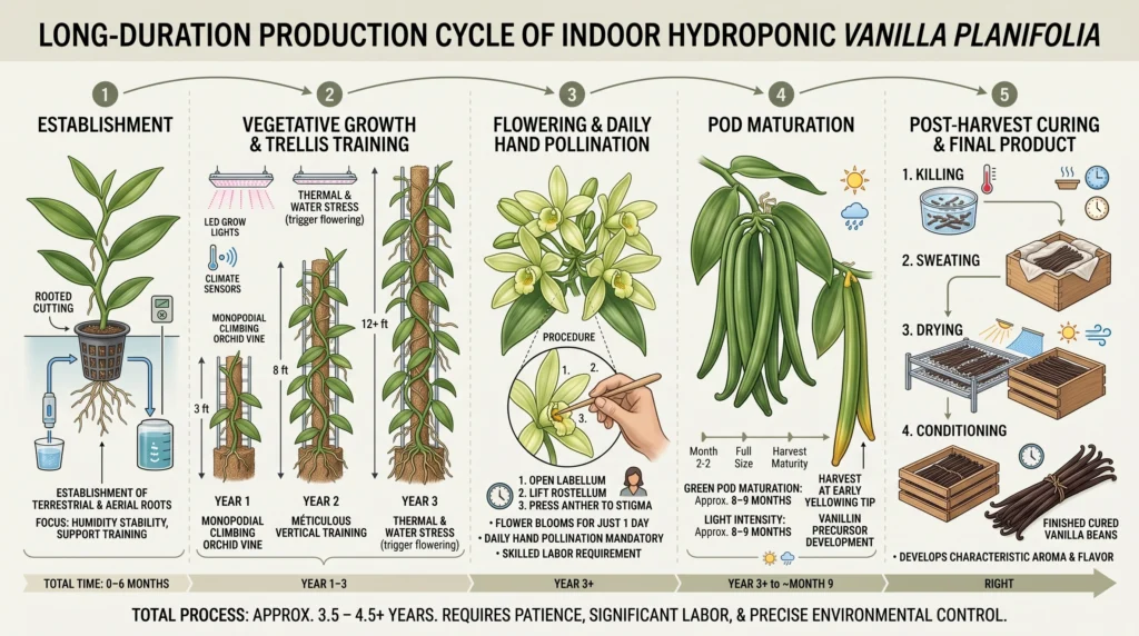 Hydroponic Vanilla Orchids: Vertical Trellising & Hand Pollination 13 Hydroponic vanilla production timeline from cutting to cured vanilla beans