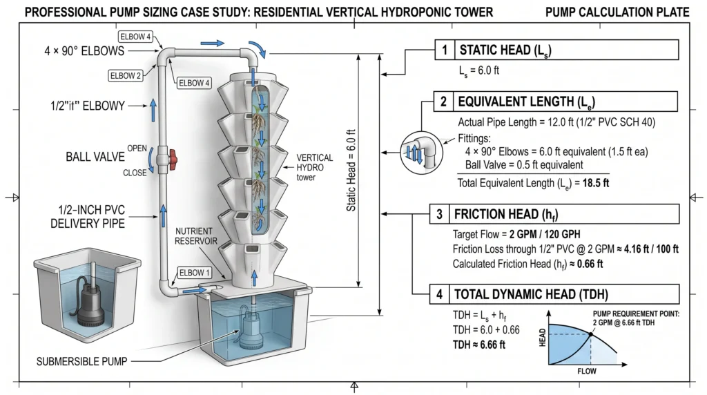 Hydroponic Pump Sizing: Calculating True GPH and Head Loss 7 Vertical hydroponic tower showing 6-foot static head, 18.5-foot equivalent pipe length and 120 GPH target flow