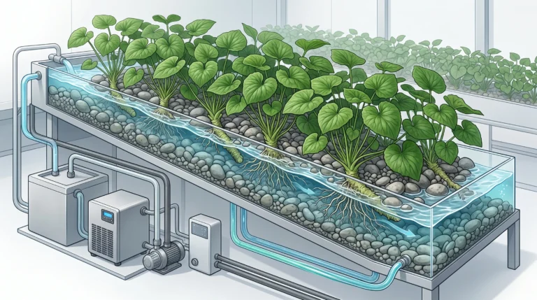 Hydroponic wasabi cultivation system simulating a cold mountain stream with chilled flowing water