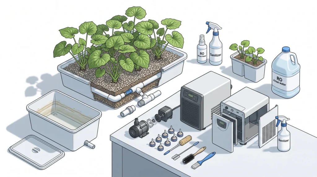 Hydroponic Wasabi Cultivation: Engineering Cold-Water Systems 12 Hydroponic wasabi reservoir, tubing, air stones, and chiller undergoing system sanitation