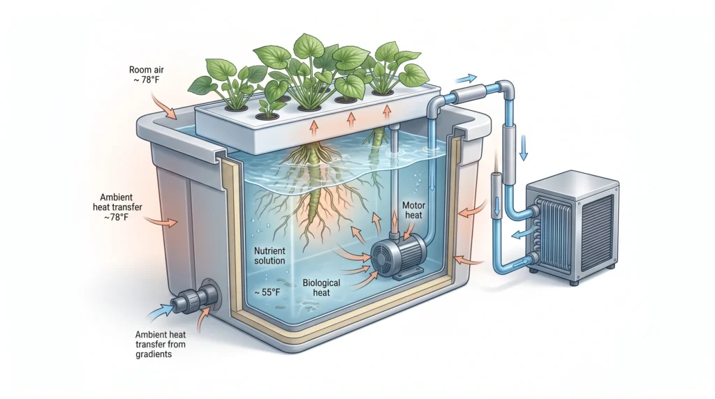 Hydroponic Wasabi Cultivation: Engineering Cold-Water Systems 2 Hydroponic wasabi chiller sizing diagram showing ambient, pump, and biological heat loads