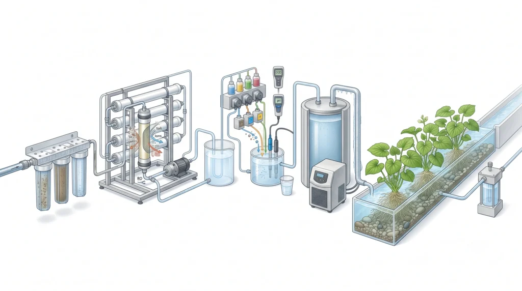 Hydroponic Wasabi Cultivation: Engineering Cold-Water Systems 7 Reverse osmosis water filtration and monitoring system for hydroponic wasabi cultivation