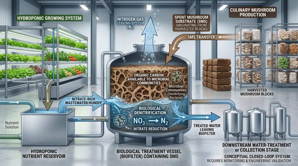 Hydroponic Culinary Mushrooms: Liquid Culture & Substrate Integration 8 Spent mushroom substrate biofilter treating nitrate-rich hydroponic wastewater